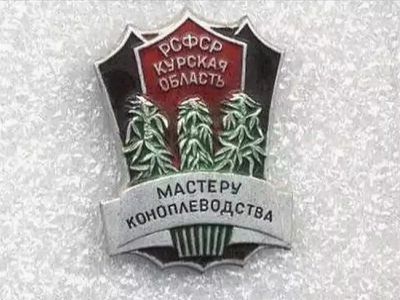 Значок "Мастеру коноплеводства", СССР, 1980-е. Источник - http://img11.nnm.ru/